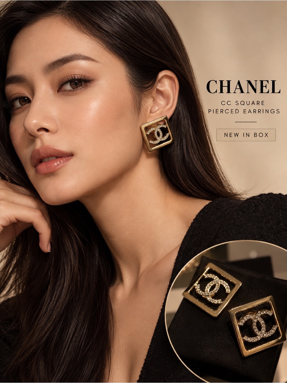 CHANEL Gold CC Square Pierced Earrings with Crystal Accents